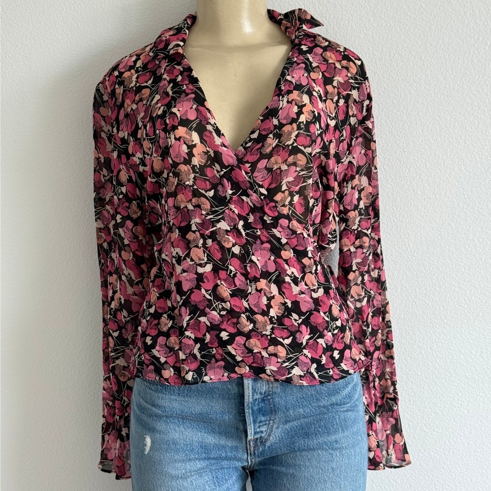 Vintage Ann Taylor 100% Silk Floral Blouse Long Sleeve Size 14 Collar Pink Black